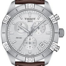 Laden Sie das Bild in den Galerie-Viewer, Tissot T-Classic PR 100 Sport Gent T101.617.16.031.00 Herrenuhr Chronograph Swiss Made Saphirglas Lederband braun Stoppuhr Datumsanzeige NEU OVP. mit Box Papiere Anleitung Garantiekarte 2 Jahre Hersteller-Garantie