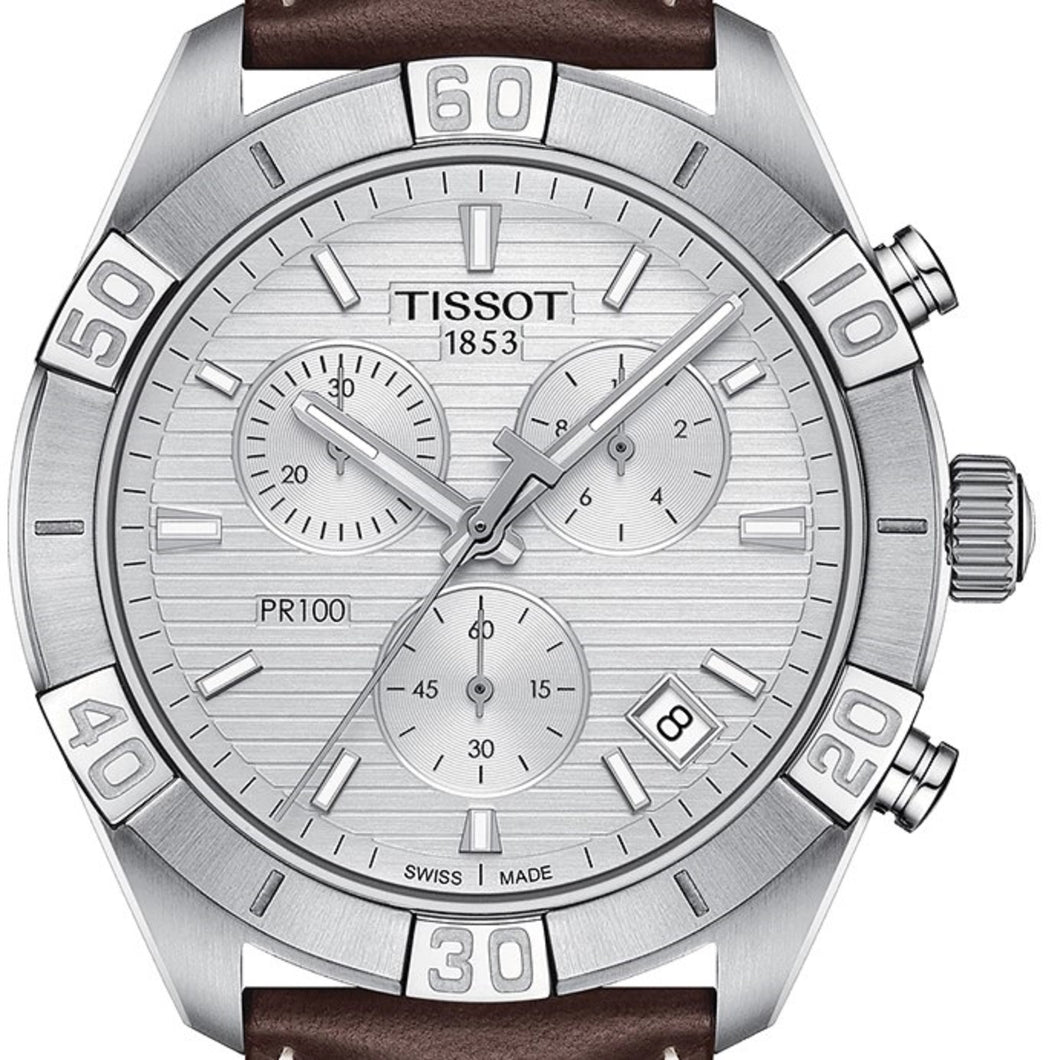 Tissot T-Classic PR 100 Sport Gent T101.617.16.031.00 Herrenuhr Chronograph Swiss Made Saphirglas Lederband braun Stoppuhr Datumsanzeige NEU OVP. mit Box Papiere Anleitung Garantiekarte 2 Jahre Hersteller-Garantie