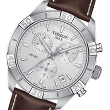 Laden Sie das Bild in den Galerie-Viewer, Tissot T-Classic PR 100 Sport Gent T101.617.16.031.00 Herrenuhr Chronograph Swiss Made Saphirglas Lederband braun Stoppuhr Datumsanzeige NEU OVP. mit Box Papiere Anleitung Garantiekarte 2 Jahre Hersteller-Garantie