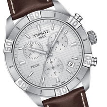 Laden Sie das Bild in den Galerie-Viewer, Tissot T-Classic PR 100 Sport Gent T101.617.16.031.00 Herrenuhr Chronograph Swiss Made Saphirglas Lederband braun Stoppuhr Datumsanzeige NEU OVP. mit Box Papiere Anleitung Garantiekarte 2 Jahre Hersteller-Garantie