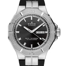 Laden Sie das Bild in den Galerie-Viewer, Edox Delfin Day-Date | 88008-3CA-NIN | Automatic 43 mm Black Dial | Kautschukband Saphirglas 200m | Swiss Made Water Champion | NEU OVP Full Set 2 Jahre Garantie