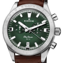 Laden Sie das Bild in den Galerie-Viewer, Edox Skydiver | 10116-3-VIDN | Chronograph 40 mm Green Dial | Edelstahl Saphirglas 300m Swiss Made | Limited 1000 + Lederband | NEU OVP Box Papiere 2 Jahre Garantie
