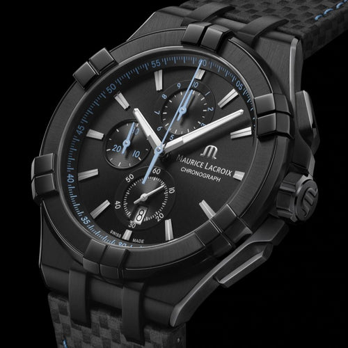Maurice Lacroix Aikon Chronograph | AI1018-PVB01-337-1 | Herrenuhr | Schwarz-Blau | Stoppuhr | Datumsanzeige | Saphirglas | Swiss Made | Lederband | Limited Edition | NEU OVP | mit Box & Papieren | 2 Jahre Hersteller-Garantie