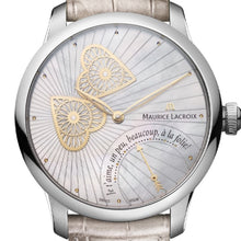 Laden Sie das Bild in den Galerie-Viewer, Maurice Lacroix Masterpiece Embrace Manufaktur | MP6068-SS001-160-1 | Damen-Armbanduhr | Automatik | Schweizer Kaliber | Saphirglas | Perlmutt-Zifferblatt mit Guillochierung | Lederband grau-silber | NEU OVP. mit Box &amp; Garantiekarte