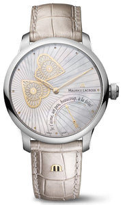 Maurice Lacroix Masterpiece Embrace Manufaktur | MP6068-SS001-160-1 | Damen-Armbanduhr | Automatik | Schweizer Kaliber | Saphirglas | Perlmutt-Zifferblatt mit Guillochierung | Lederband grau-silber | NEU OVP. mit Box & Garantiekarte