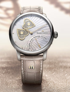 Maurice Lacroix Masterpiece Embrace Manufaktur | MP6068-SS001-160-1 | Damen-Armbanduhr | Automatik | Schweizer Kaliber | Saphirglas | Perlmutt-Zifferblatt mit Guillochierung | Lederband grau-silber | NEU OVP. mit Box & Garantiekarte