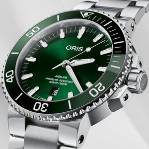 Oris Aquis Date 01 733 7730 4157-07 8 24 05PEB | Automatik Taucheruhr 43,5 mm Herrenuhr | Edelstahlband | Zifferblatt gruen | 300 m Wasserdicht | NEU OVP mit Box & Papieren Garantie