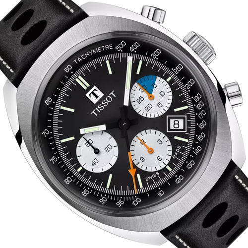 Tissot Heritage 1973 | T124.427.16.051.00 | Herrenuhr | Swiss Made Automatik Chronograph | 60h Gangreserve | Saphirglas | Lederband schwarz | Zifferblatt schwarz | NEU OVP mit Box & Garantiekarte