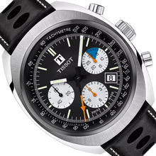 Laden Sie das Bild in den Galerie-Viewer, Tissot Heritage 1973 | T124.427.16.051.00 | Herrenuhr | Swiss Made Automatik Chronograph | 60h Gangreserve | Saphirglas | Lederband schwarz | Zifferblatt schwarz | NEU OVP mit Box &amp; Garantiekarte