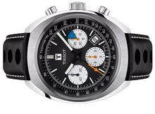Laden Sie das Bild in den Galerie-Viewer, Tissot Heritage 1973 | T124.427.16.051.00 | Herrenuhr | Swiss Made Automatik Chronograph | 60h Gangreserve | Saphirglas | Lederband schwarz | Zifferblatt schwarz | NEU OVP mit Box &amp; Garantiekarte