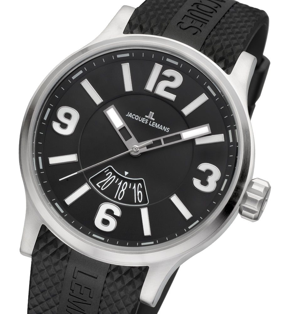 Jacques Lemans Porto Sports Luminous XL Herrenuhr 1-1673A Box Papiere Garantie Gehäuse Edelstahl Band Kautschuk Zifferblatt schwarz - Chronographen 24 - Luxusuhren günstig kaufen