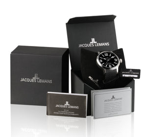 Jacques Lemans Porto Sports Luminous XL Herrenuhr 1-1673A Box Papiere Garantie Gehäuse Edelstahl Band Kautschuk Zifferblatt schwarz - Chronographen 24 - Luxusuhren günstig kaufen