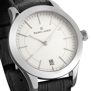 Maurice Lacroix Les Classiques Date Damenuhr LC1026-SS001-130-1 neu Garantie Box Papiere Saphirglas Datum Zifferblatt silber Gehäuse Edelstahl Lederband schwarz - Chronographen 24 - Luxusuhren günstig kaufen