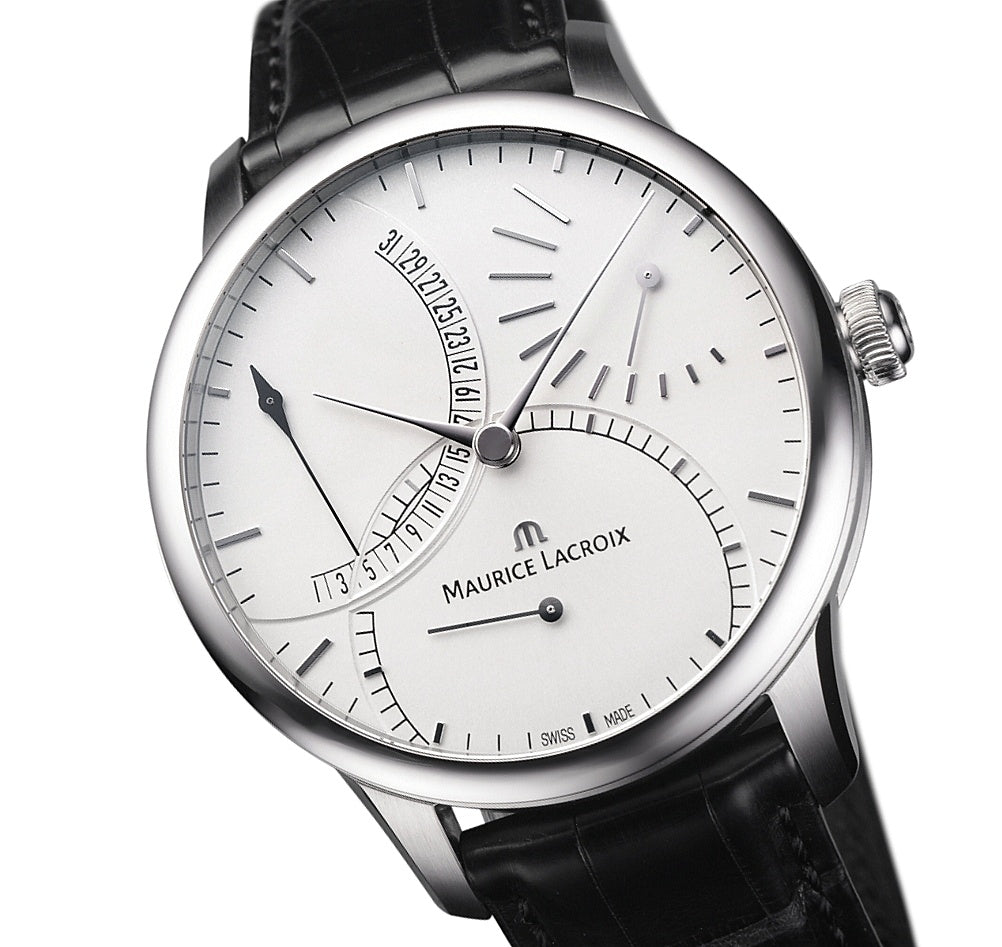 Maurice Lacroix Masterpiece Calendrier Rétrograde Automatik Herrenuhr MP6508-SS001-130-1 neu Garantie Box Papiere Saphirglas Gehäuse Edelstahl Band Krokoleder schwarz retrograde Datumsanzeige Gangreserve Swiss Made - Chronographen 24 - Luxusuhren günstig kaufen