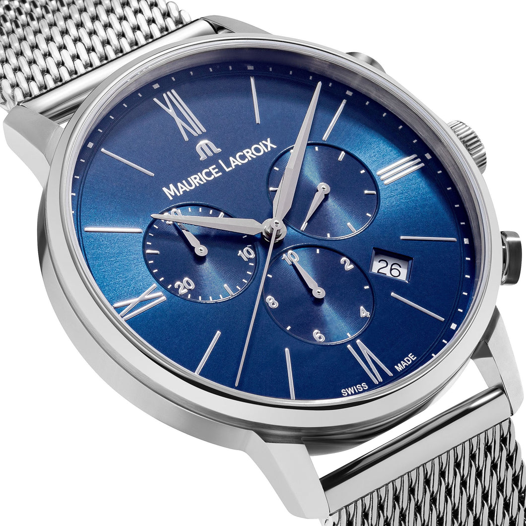 Maurice Lacroix Eliros Chronograph Herrenuhr EL1098-SS002-410-1 Zifferblatt blau Milanaise-Edelstahl-Band NEU OVP. mit Box Papiere 2 Jahre Hersteller-Garantie