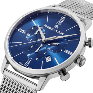 Maurice Lacroix Eliros Chronograph Herrenuhr EL1098-SS002-410-1 Zifferblatt blau Milanaise-Edelstahl-Band NEU OVP. mit Box Papiere 2 Jahre Hersteller-Garantie