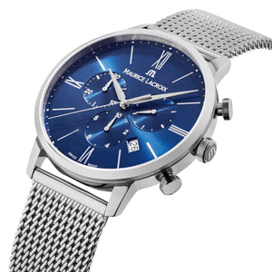 Maurice Lacroix Eliros Chronograph Herrenuhr EL1098-SS002-410-1 Zifferblatt blau Milanaise-Edelstahl-Band NEU OVP. mit Box Papiere 2 Jahre Hersteller-Garantie