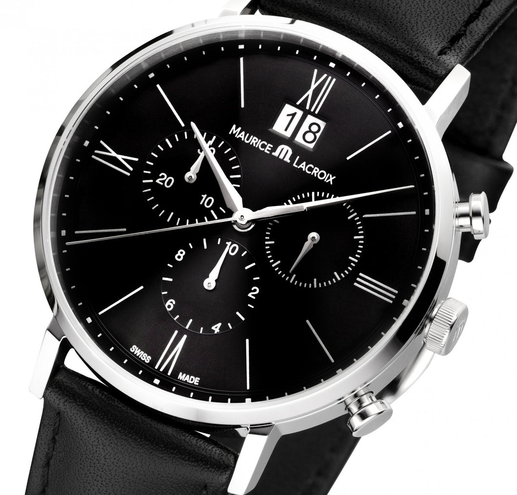 Maurice Lacroix Eliros Chronograph Herren-Uhr EL1088-SS001-311-1 Swiss Made Saphirglas Lederband schwarz NEU OVP. mit Box Papiere 2 Jahre Hersteller-Garantie