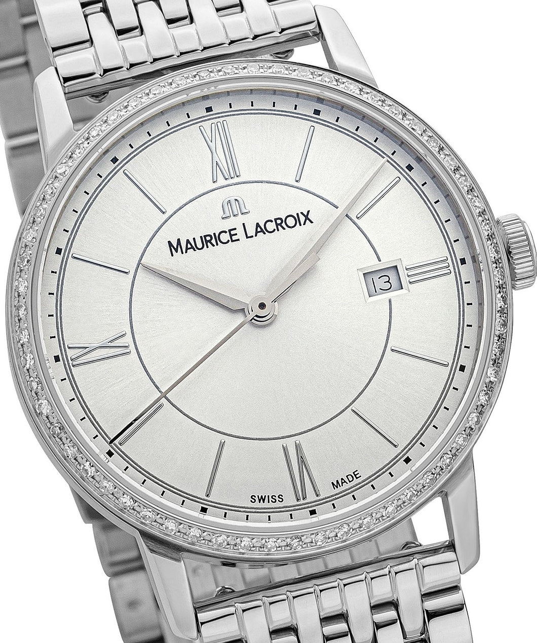 Maurice Lacroix EL1094-SD502-110-1 | Eliros Date Diamonds Damen-Uhr | Swiss Made | Edelstahlband | 60 Diamanten 0.3ct | Neu mit Garantie