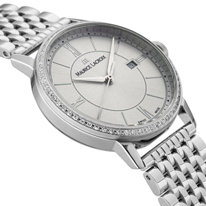 Maurice Lacroix EL1094-SD502-110-1 | Eliros Date Diamonds Damen-Uhr | Swiss Made | Edelstahlband | 60 Diamanten 0.3ct | Neu mit Garantie