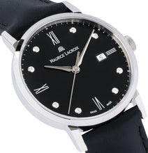 Laden Sie das Bild in den Galerie-Viewer, Eliros Date Diamonds Damenuhr EL1084-SS001-350-1 Lederband schwarz mit 8 echten Diamanten Zifferblatt schwarz mit 8 echten Diamanten Swiss Made Saphirglas NEU OVP. mit Box Papiere 2 Jahre Hersteller-Garantie