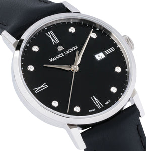 Eliros Date Diamonds Damenuhr EL1084-SS001-350-1 Lederband schwarz mit 8 echten Diamanten Zifferblatt schwarz mit 8 echten Diamanten Swiss Made Saphirglas NEU OVP. mit Box Papiere 2 Jahre Hersteller-Garantie