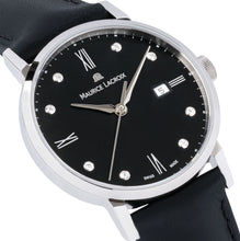 Laden Sie das Bild in den Galerie-Viewer, Eliros Date Diamonds Damenuhr EL1084-SS001-350-1 Lederband schwarz mit 8 echten Diamanten Zifferblatt schwarz mit 8 echten Diamanten Swiss Made Saphirglas NEU OVP. mit Box Papiere 2 Jahre Hersteller-Garantie