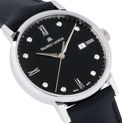 Eliros Date Diamonds Damenuhr EL1084-SS001-350-1 Lederband schwarz mit 8 echten Diamanten Zifferblatt schwarz mit 8 echten Diamanten Swiss Made Saphirglas NEU OVP. mit Box Papiere 2 Jahre Hersteller-Garantie