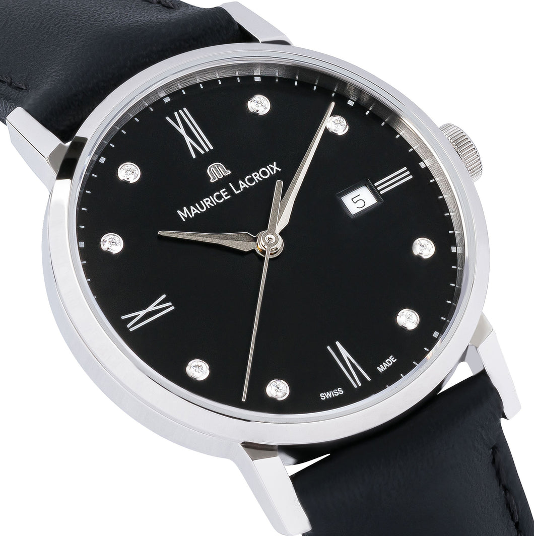 Eliros Date Diamonds Damenuhr EL1084-SS001-350-1 Lederband schwarz mit 8 echten Diamanten Zifferblatt schwarz mit 8 echten Diamanten Swiss Made Saphirglas NEU OVP. mit Box Papiere 2 Jahre Hersteller-Garantie