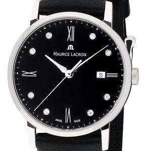 Eliros Date Diamonds Damenuhr EL1084-SS001-350-1 Lederband schwarz mit 8 echten Diamanten Zifferblatt schwarz mit 8 echten Diamanten Swiss Made Saphirglas NEU OVP. mit Box Papiere 2 Jahre Hersteller-Garantie