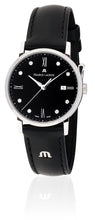 Laden Sie das Bild in den Galerie-Viewer, Eliros Date Diamonds Damenuhr EL1084-SS001-350-1 Lederband schwarz mit 8 echten Diamanten Zifferblatt schwarz mit 8 echten Diamanten Swiss Made Saphirglas NEU OVP. mit Box Papiere 2 Jahre Hersteller-Garantie