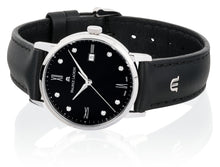 Laden Sie das Bild in den Galerie-Viewer, Eliros Date Diamonds Damenuhr EL1084-SS001-350-1 Lederband schwarz mit 8 echten Diamanten Zifferblatt schwarz mit 8 echten Diamanten Swiss Made Saphirglas NEU OVP. mit Box Papiere 2 Jahre Hersteller-Garantie