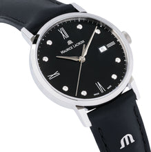 Laden Sie das Bild in den Galerie-Viewer, Eliros Date Diamonds Damenuhr EL1084-SS001-350-1 Lederband schwarz mit 8 echten Diamanten Zifferblatt schwarz mit 8 echten Diamanten Swiss Made Saphirglas NEU OVP. mit Box Papiere 2 Jahre Hersteller-Garantie