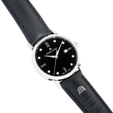 Laden Sie das Bild in den Galerie-Viewer, Eliros Date Diamonds Damenuhr EL1084-SS001-350-1 Lederband schwarz mit 8 echten Diamanten Zifferblatt schwarz mit 8 echten Diamanten Swiss Made Saphirglas NEU OVP. mit Box Papiere 2 Jahre Hersteller-Garantie