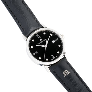 Eliros Date Diamonds Damenuhr EL1084-SS001-350-1 Lederband schwarz mit 8 echten Diamanten Zifferblatt schwarz mit 8 echten Diamanten Swiss Made Saphirglas NEU OVP. mit Box Papiere 2 Jahre Hersteller-Garantie