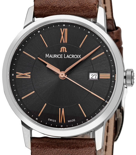 Maurice Lacroix | Eliros | Date Ladies | EL1094-SS001-311-1 | Damen-Armbanduhr | anthrazitfarbenes Zifferblatt | braunes Lederband | Swiss Made | Saphirglas | NEU & OVP | mit Box, Papieren & 2 Jahren Hersteller-Garantie