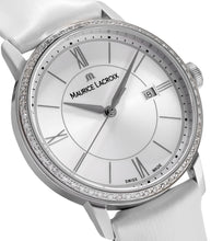 Laden Sie das Bild in den Galerie-Viewer, Maurice Lacroix Eliros Date Ladies Diamonds EL1094-SD501-110-1 Damen-Armbanduhr Lünette mit 60 echten Diamanten besetzt Gehäuse Edelstahl Lederband weiss Saphirglas Swiss Made NEU OVP. mit Box Papiere 2 Jahre Garantie