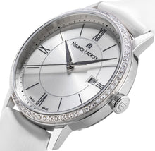 Laden Sie das Bild in den Galerie-Viewer, Maurice Lacroix Eliros Date Ladies Diamonds EL1094-SD501-110-1 Damen-Armbanduhr Lünette mit 60 echten Diamanten besetzt Gehäuse Edelstahl Lederband weiss Saphirglas Swiss Made NEU OVP. mit Box Papiere 2 Jahre Garantie