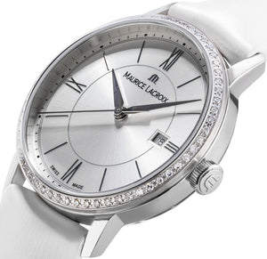 Maurice Lacroix Eliros Date Ladies Diamonds EL1094-SD501-110-1 Damen-Armbanduhr Lünette mit 60 echten Diamanten besetzt Gehäuse Edelstahl Lederband weiss Saphirglas Swiss Made NEU OVP. mit Box Papiere 2 Jahre Garantie