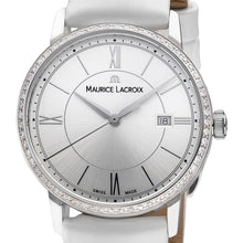 Laden Sie das Bild in den Galerie-Viewer, Maurice Lacroix Eliros Date Ladies Diamonds EL1094-SD501-110-1 Damen-Armbanduhr Lünette mit 60 echten Diamanten besetzt Gehäuse Edelstahl Lederband weiss Saphirglas Swiss Made NEU OVP. mit Box Papiere 2 Jahre Garantie