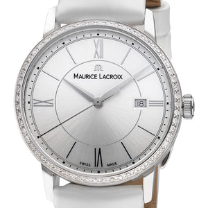 Maurice Lacroix Eliros Date Ladies Diamonds EL1094-SD501-110-1 Damen-Armbanduhr Lünette mit 60 echten Diamanten besetzt Gehäuse Edelstahl Lederband weiss Saphirglas Swiss Made NEU OVP. mit Box Papiere 2 Jahre Garantie