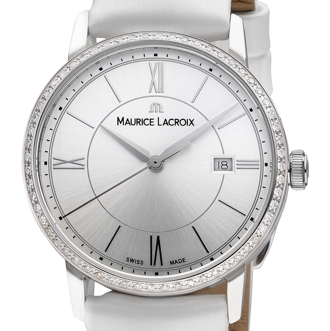 Maurice Lacroix Eliros Date Ladies Diamonds EL1094-SD501-110-1 Damen-Armbanduhr Lünette mit 60 echten Diamanten besetzt Gehäuse Edelstahl Lederband weiss Saphirglas Swiss Made NEU OVP. mit Box Papiere 2 Jahre Garantie
