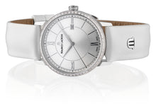 Laden Sie das Bild in den Galerie-Viewer, Maurice Lacroix Eliros Date Ladies Diamonds EL1094-SD501-110-1 Damen-Armbanduhr Lünette mit 60 echten Diamanten besetzt Gehäuse Edelstahl Lederband weiss Saphirglas Swiss Made NEU OVP. mit Box Papiere 2 Jahre Garantie