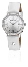 Laden Sie das Bild in den Galerie-Viewer, Maurice Lacroix Eliros Date Ladies Diamonds EL1094-SD501-110-1 Damen-Armbanduhr Lünette mit 60 echten Diamanten besetzt Gehäuse Edelstahl Lederband weiss Saphirglas Swiss Made NEU OVP. mit Box Papiere 2 Jahre Garantie