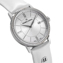 Laden Sie das Bild in den Galerie-Viewer, Maurice Lacroix Eliros Date Ladies Diamonds EL1094-SD501-110-1 Damen-Armbanduhr Lünette mit 60 echten Diamanten besetzt Gehäuse Edelstahl Lederband weiss Saphirglas Swiss Made NEU OVP. mit Box Papiere 2 Jahre Garantie