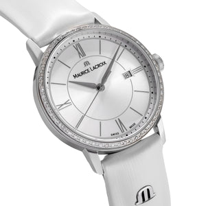 Maurice Lacroix Eliros Date Ladies Diamonds EL1094-SD501-110-1 Damen-Armbanduhr Lünette mit 60 echten Diamanten besetzt Gehäuse Edelstahl Lederband weiss Saphirglas Swiss Made NEU OVP. mit Box Papiere 2 Jahre Garantie