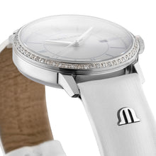 Laden Sie das Bild in den Galerie-Viewer, Maurice Lacroix Eliros Date Ladies Diamonds EL1094-SD501-110-1 Damen-Armbanduhr Lünette mit 60 echten Diamanten besetzt Gehäuse Edelstahl Lederband weiss Saphirglas Swiss Made NEU OVP. mit Box Papiere 2 Jahre Garantie