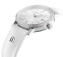 Laden Sie das Bild in den Galerie-Viewer, Maurice Lacroix Eliros Date Ladies Diamonds EL1094-SD501-110-1 Damen-Armbanduhr Lünette mit 60 echten Diamanten besetzt Gehäuse Edelstahl Lederband weiss Saphirglas Swiss Made NEU OVP. mit Box Papiere 2 Jahre Garantie