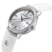 Laden Sie das Bild in den Galerie-Viewer, Maurice Lacroix Eliros Date Ladies Diamonds EL1094-SD501-110-1 Damen-Armbanduhr Lünette mit 60 echten Diamanten besetzt Gehäuse Edelstahl Lederband weiss Saphirglas Swiss Made NEU OVP. mit Box Papiere 2 Jahre Garantie