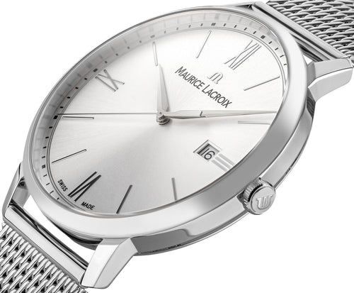 Maurice Lacroix Eliros Date Herrenuhr EL1118-SS002-110-1 Milanaise-Edelstahl-Band Zifferblatt silber NEU OVP. mit Box Papiere 2 Jahre Hersteller-Garantie